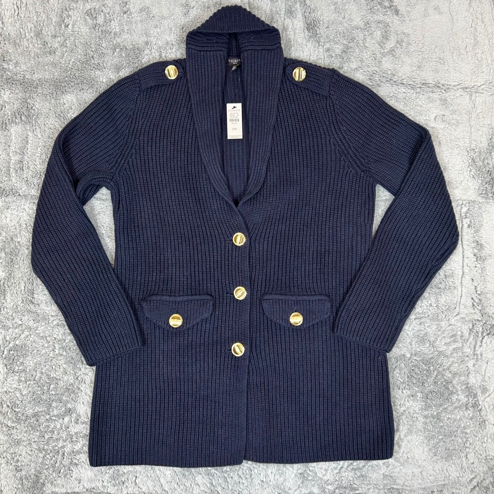 Talbots Petite Navy Blue Shaker Stitch Shawl Collar Cardigan Gold Buttons NWT PM